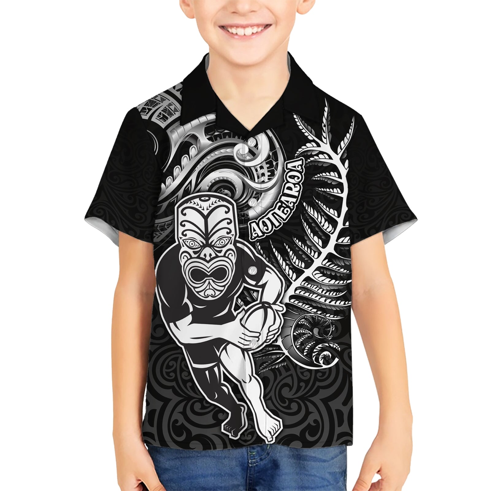 New Zealand Rugby Kid Hawaiian Shirt Maori Warrior Rugby with Silver Fern Sleeve Tribal Ethnic Style LT03 Kid Black - Polynesian Pride