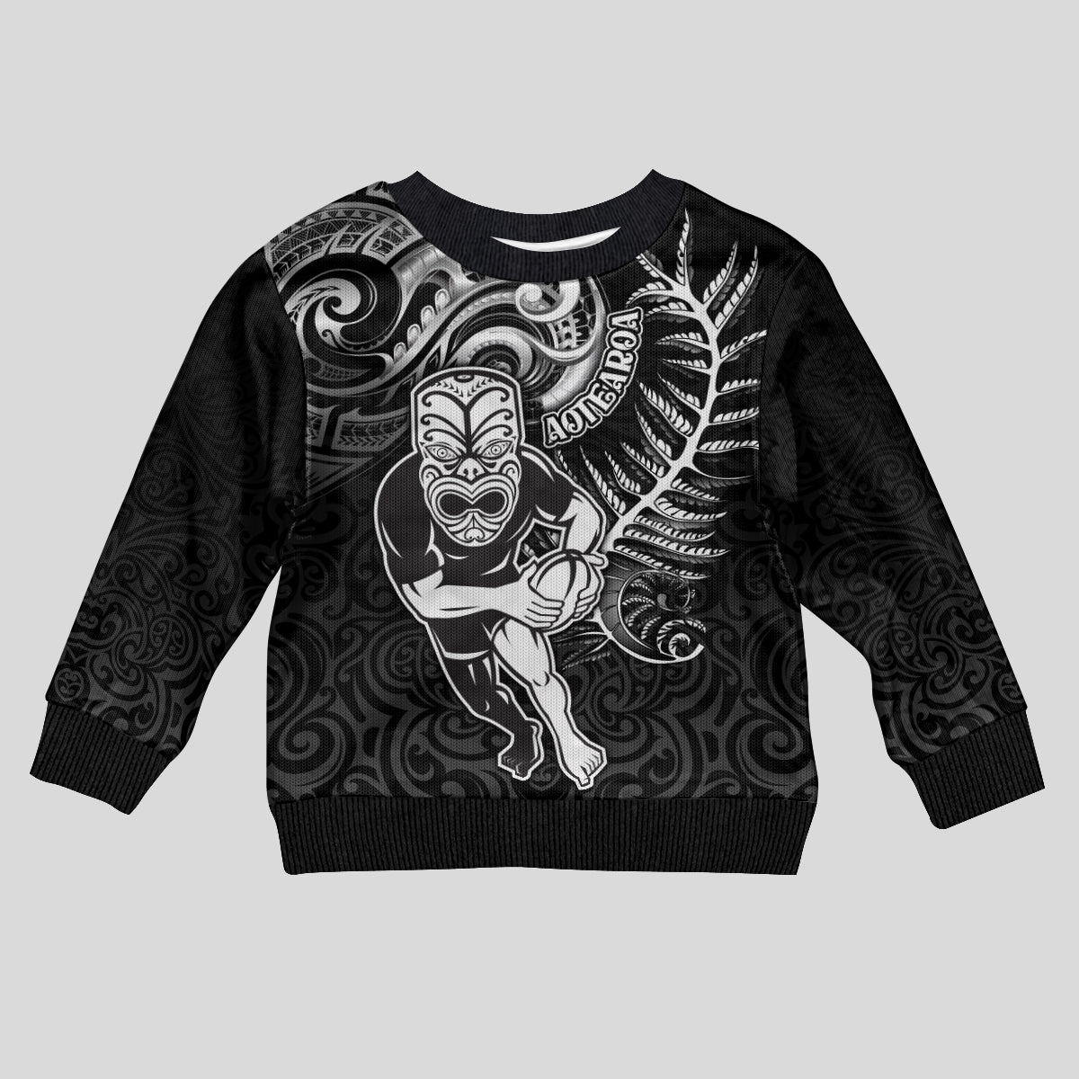 New Zealand Rugby Kid Ugly Christmas Sweater Maori Warrior Rugby with Silver Fern Sleeve Tribal Ethnic Style LT03 Kid Black - Polynesian Pride