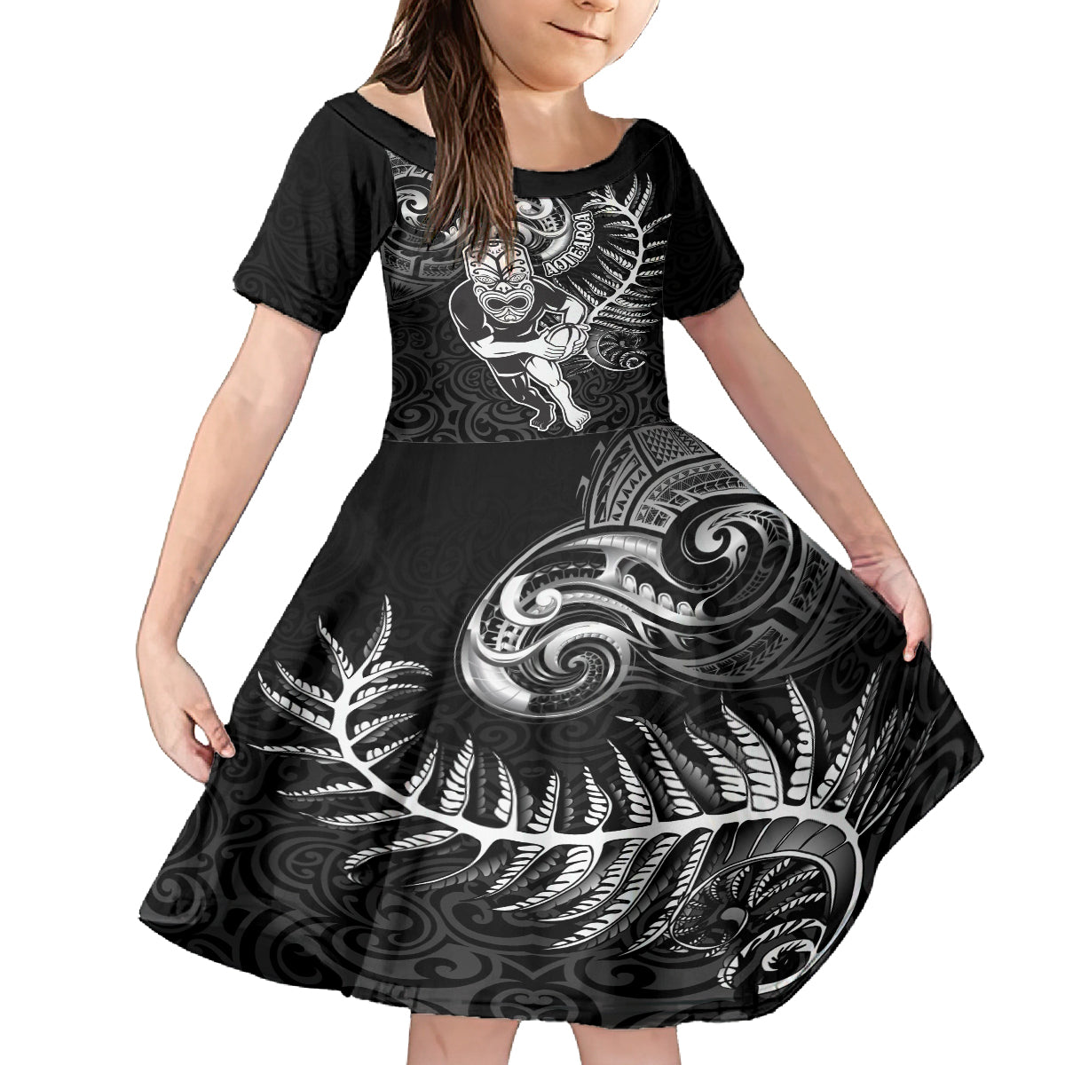 New Zealand Rugby Kid Short Sleeve Dress Maori Warrior Rugby with Silver Fern Sleeve Tribal Ethnic Style LT03 KID Black - Polynesian Pride