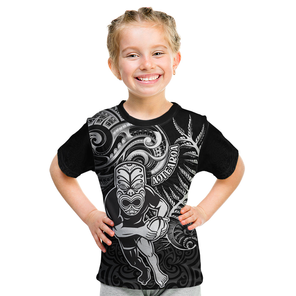 New Zealand Rugby Kid T Shirt Maori Warrior Rugby with Silver Fern Sleeve Tribal Ethnic Style LT03 Black - Polynesian Pride