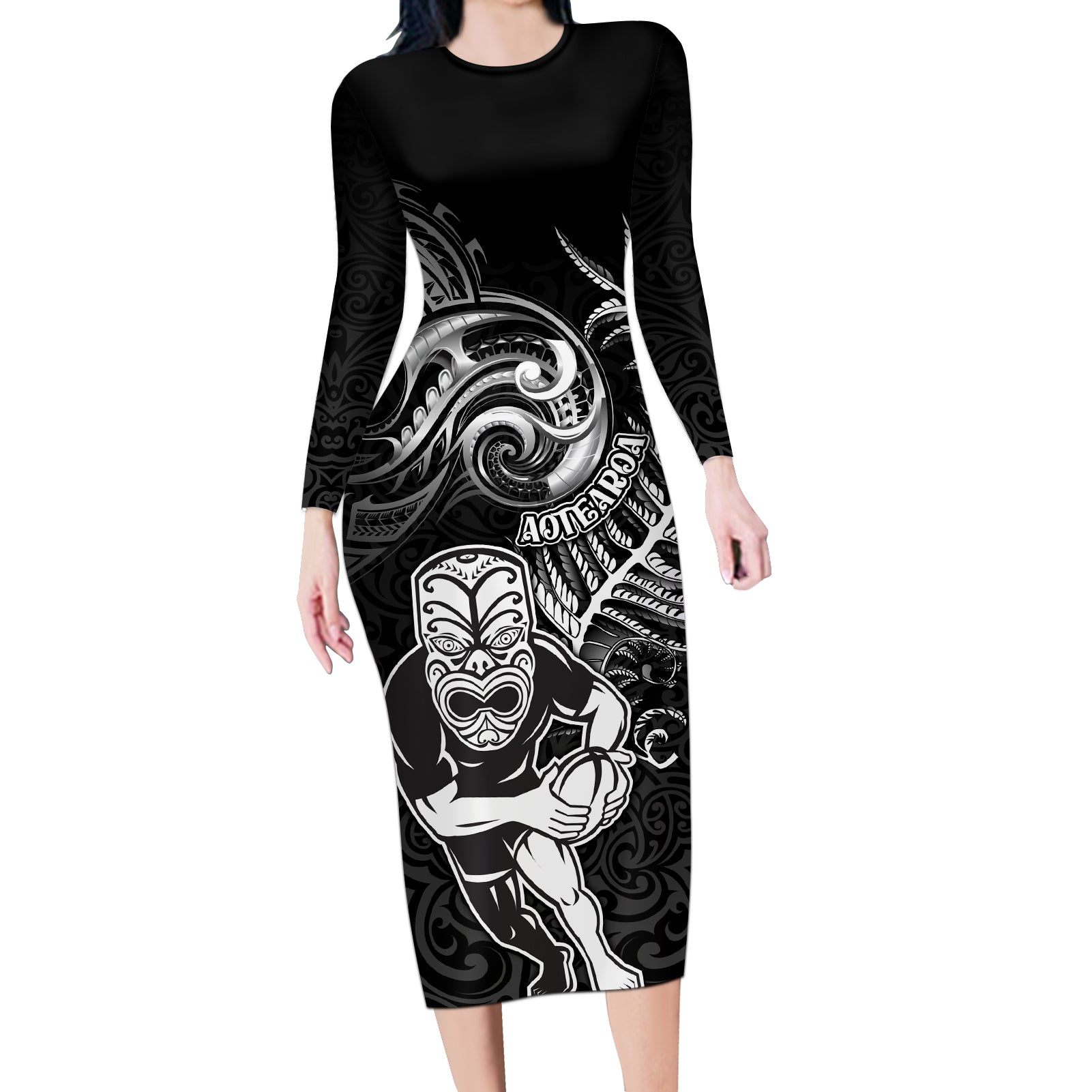 New Zealand Rugby Long Sleeve Bodycon Dress Maori Warrior Rugby with Silver Fern Sleeve Tribal Ethnic Style LT03 Long Dress Black - Polynesian Pride