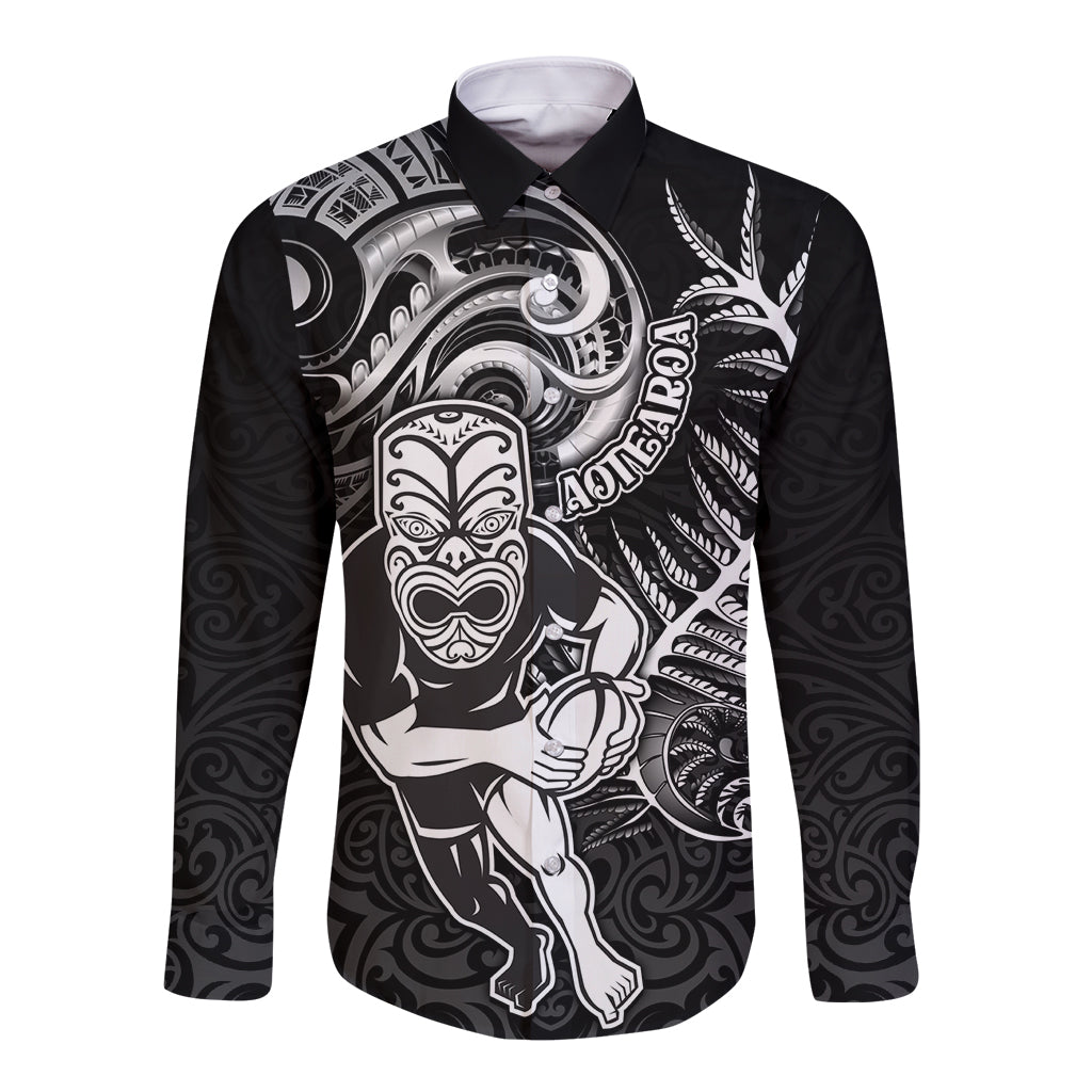 New Zealand Rugby Long Sleeve Button Shirt Maori Warrior Rugby with Silver Fern Sleeve Tribal Ethnic Style LT03 Unisex Black - Polynesian Pride