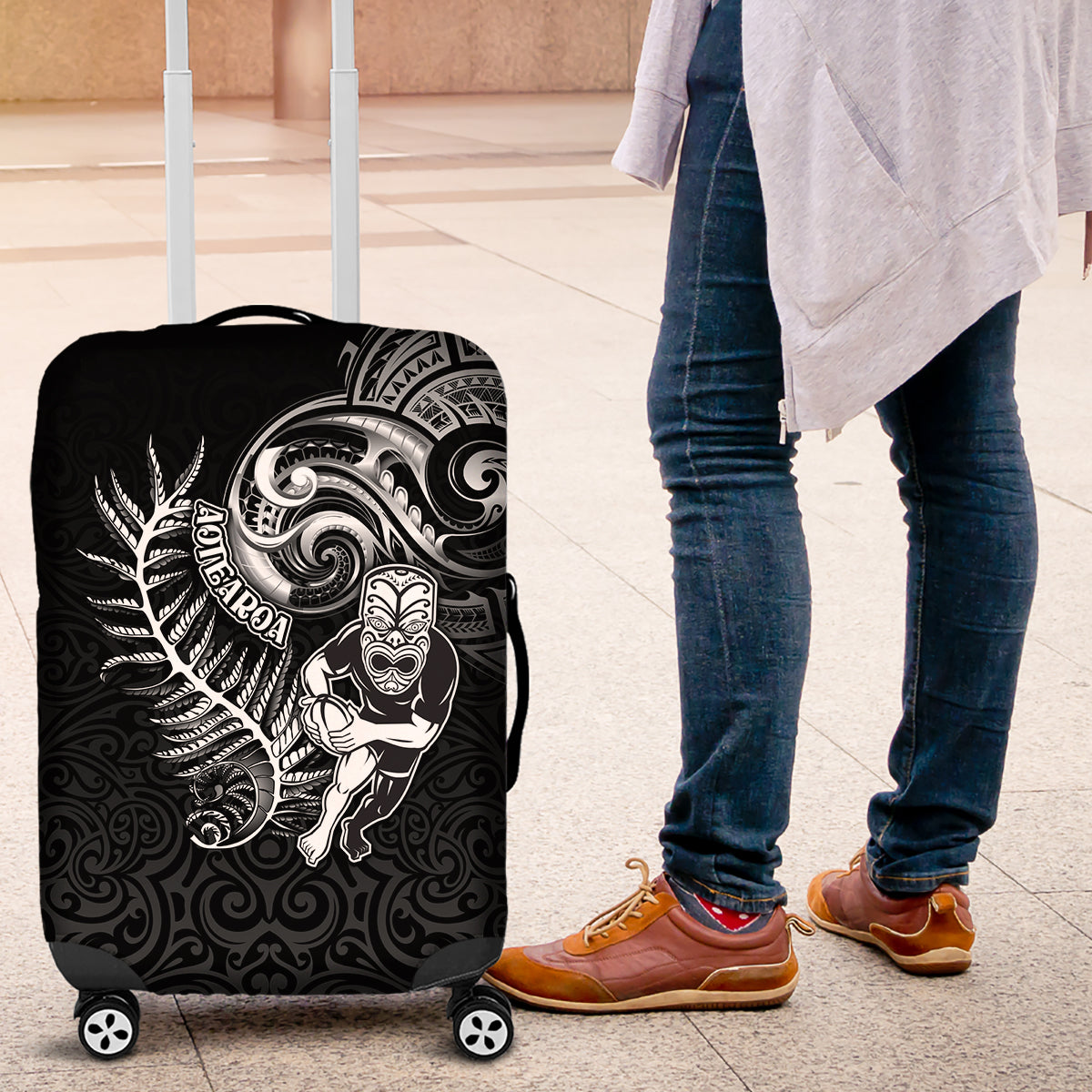 New Zealand Rugby Luggage Cover Maori Warrior Rugby with Silver Fern Sleeve Tribal Ethnic Style LT03 Black - Polynesian Pride