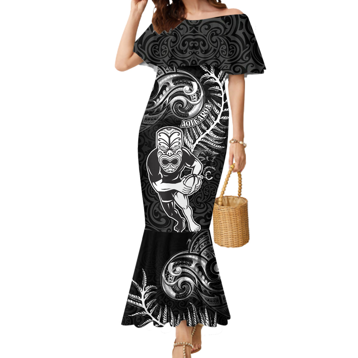 New Zealand Rugby Mermaid Dress Maori Warrior Rugby with Silver Fern Sleeve Tribal Ethnic Style LT03 Women Black - Polynesian Pride