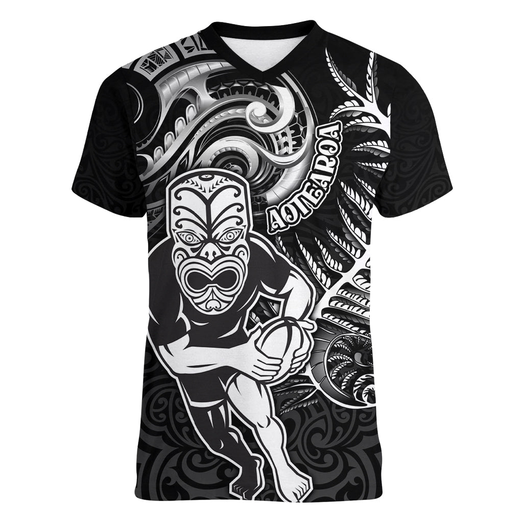 New Zealand Rugby Women V Neck T Shirt Maori Warrior Rugby with Silver Fern Sleeve Tribal Ethnic Style LT03 Female Black - Polynesian Pride