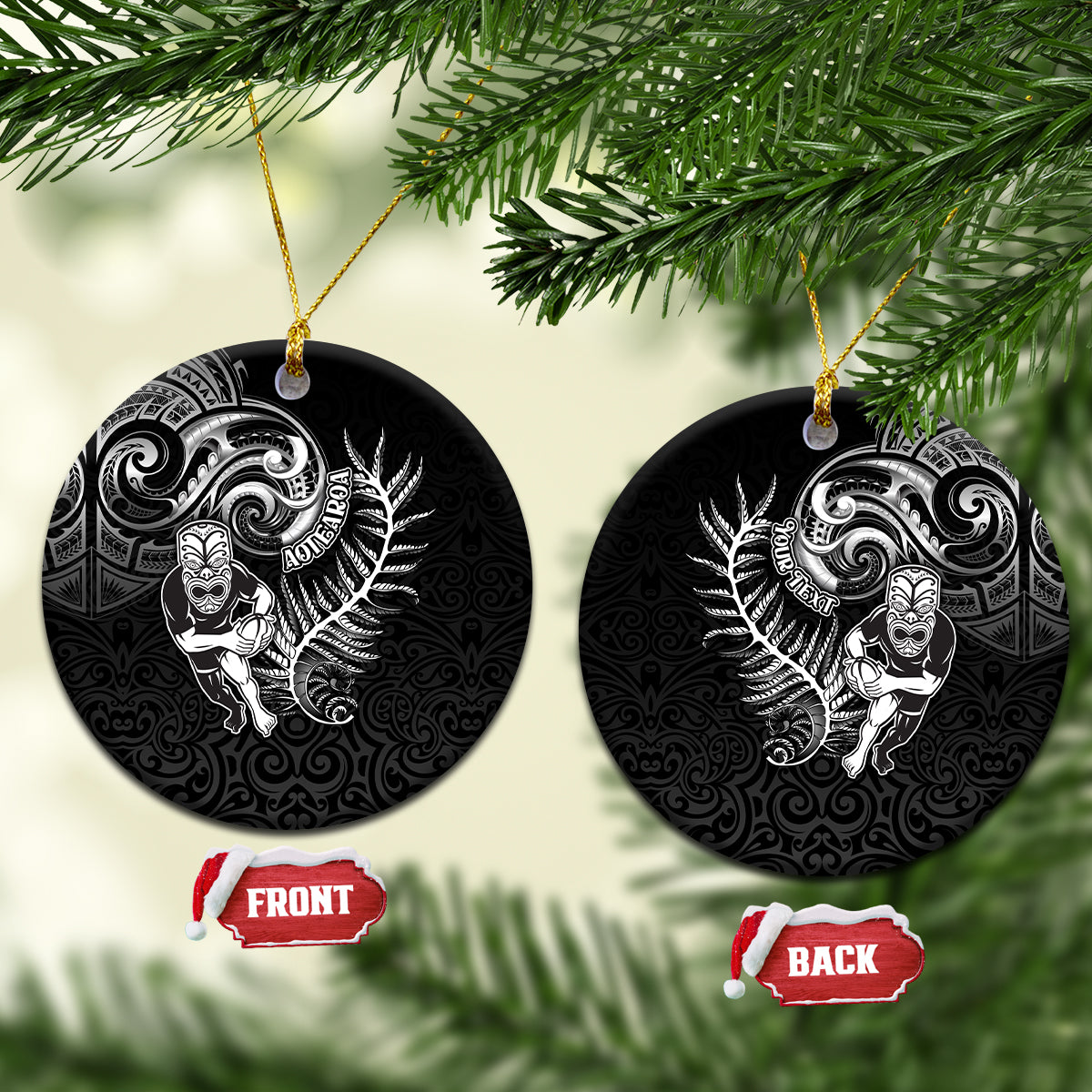 Personalised New Zealand Rugby Ceramic Ornament Maori Warrior Rugby with Silver Fern Sleeve Tribal Ethnic Style LT03 Circle Black - Polynesian Pride