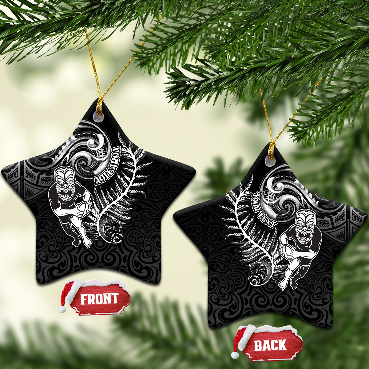 Personalised New Zealand Rugby Ceramic Ornament Maori Warrior Rugby with Silver Fern Sleeve Tribal Ethnic Style LT03 Star Black - Polynesian Pride