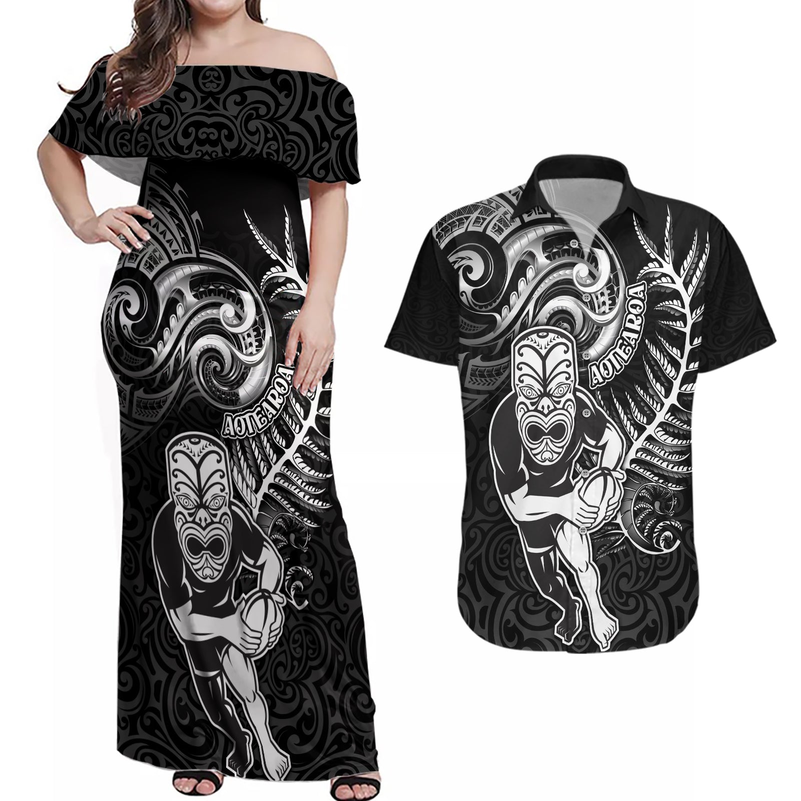 Personalised New Zealand Rugby Couples Matching Off Shoulder Maxi Dress and Hawaiian Shirt Maori Warrior Rugby with Silver Fern Sleeve Tribal Ethnic Style LT03 Black - Polynesian Pride