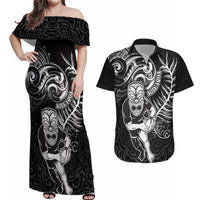 Personalised New Zealand Rugby Couples Matching Off Shoulder Maxi Dress and Hawaiian Shirt Maori Warrior Rugby with Silver Fern Sleeve Tribal Ethnic Style LT03 Black - Polynesian Pride