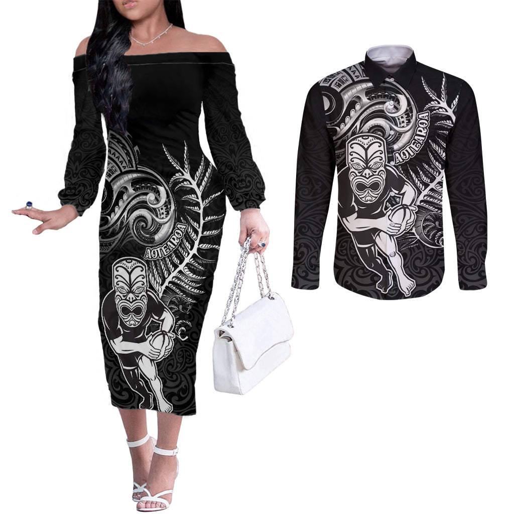 Personalised New Zealand Rugby Couples Matching Off The Shoulder Long Sleeve Dress and Long Sleeve Button Shirt Maori Warrior Rugby with Silver Fern Sleeve Tribal Ethnic Style LT03 Black - Polynesian Pride