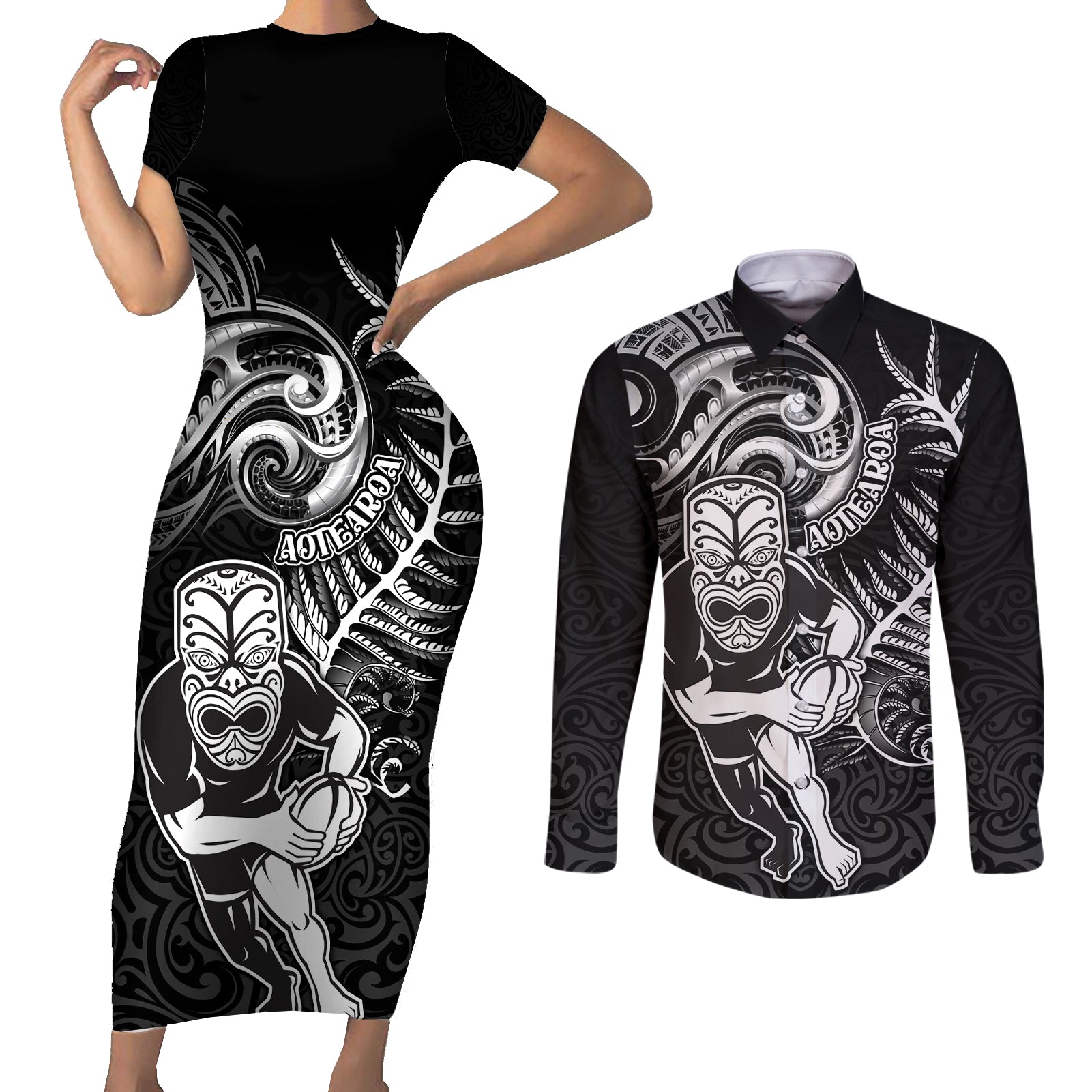 Personalised New Zealand Rugby Couples Matching Short Sleeve Bodycon Dress and Long Sleeve Button Shirt Maori Warrior Rugby with Silver Fern Sleeve Tribal Ethnic Style LT03 Black - Polynesian Pride