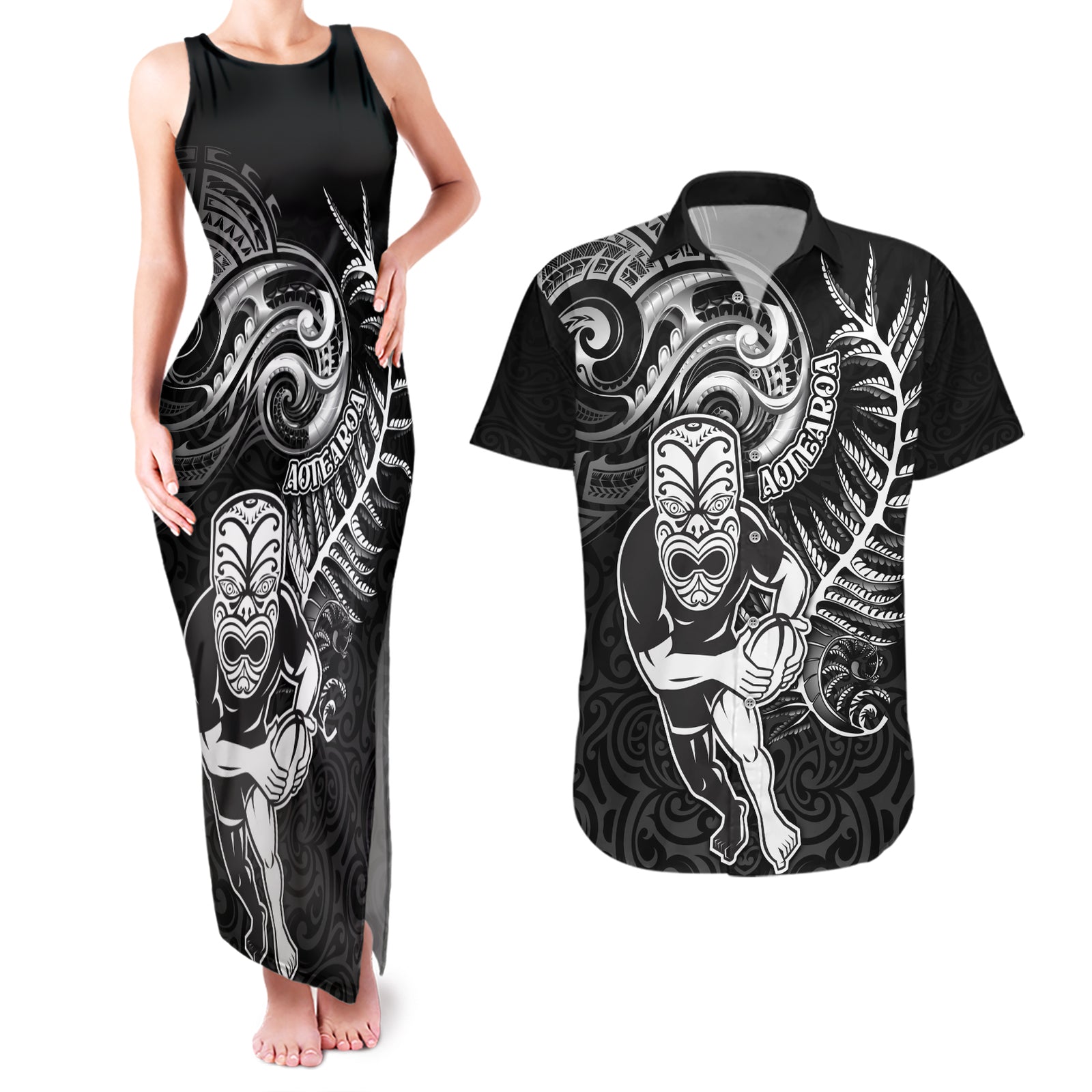 Personalised New Zealand Rugby Couples Matching Tank Maxi Dress and Hawaiian Shirt Maori Warrior Rugby with Silver Fern Sleeve Tribal Ethnic Style LT03 Black - Polynesian Pride