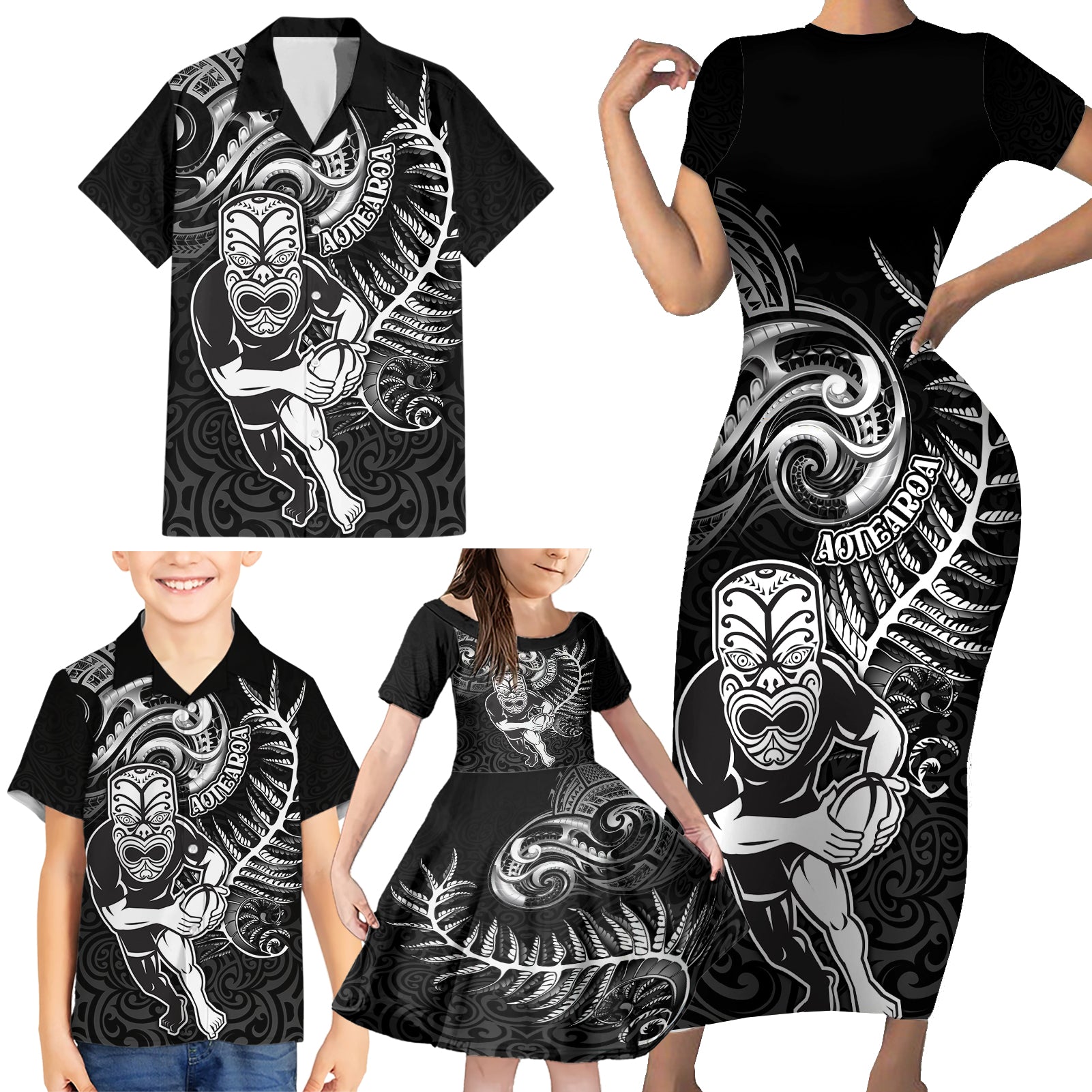 Personalised New Zealand Rugby Family Matching Short Sleeve Bodycon Dress and Hawaiian Shirt Maori Warrior Rugby with Silver Fern Sleeve Tribal Ethnic Style LT03 - Polynesian Pride