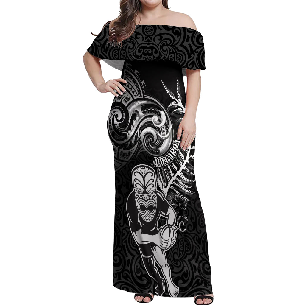 Personalised New Zealand Rugby Off Shoulder Maxi Dress Maori Warrior Rugby with Silver Fern Sleeve Tribal Ethnic Style LT03 Women Black - Polynesian Pride