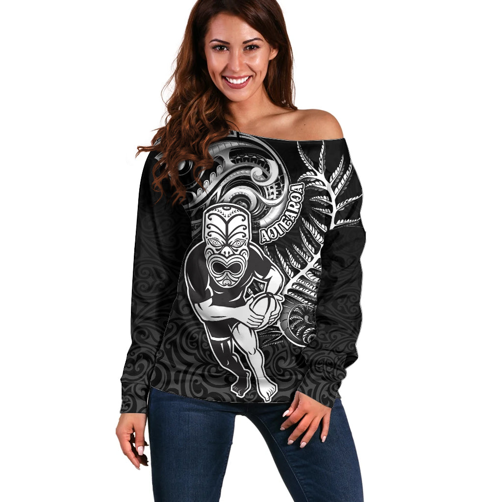 Personalised New Zealand Rugby Off Shoulder Sweater Maori Warrior Rugby with Silver Fern Sleeve Tribal Ethnic Style LT03 Women Black - Polynesian Pride