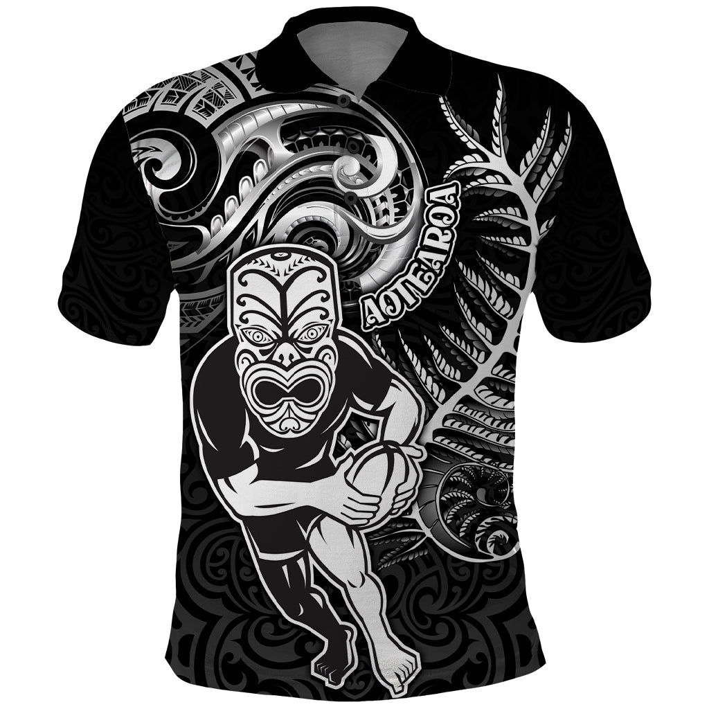 Personalised New Zealand Rugby Polo Shirt Maori Warrior Rugby with Silver Fern Sleeve Tribal Ethnic Style LT03 Black - Polynesian Pride