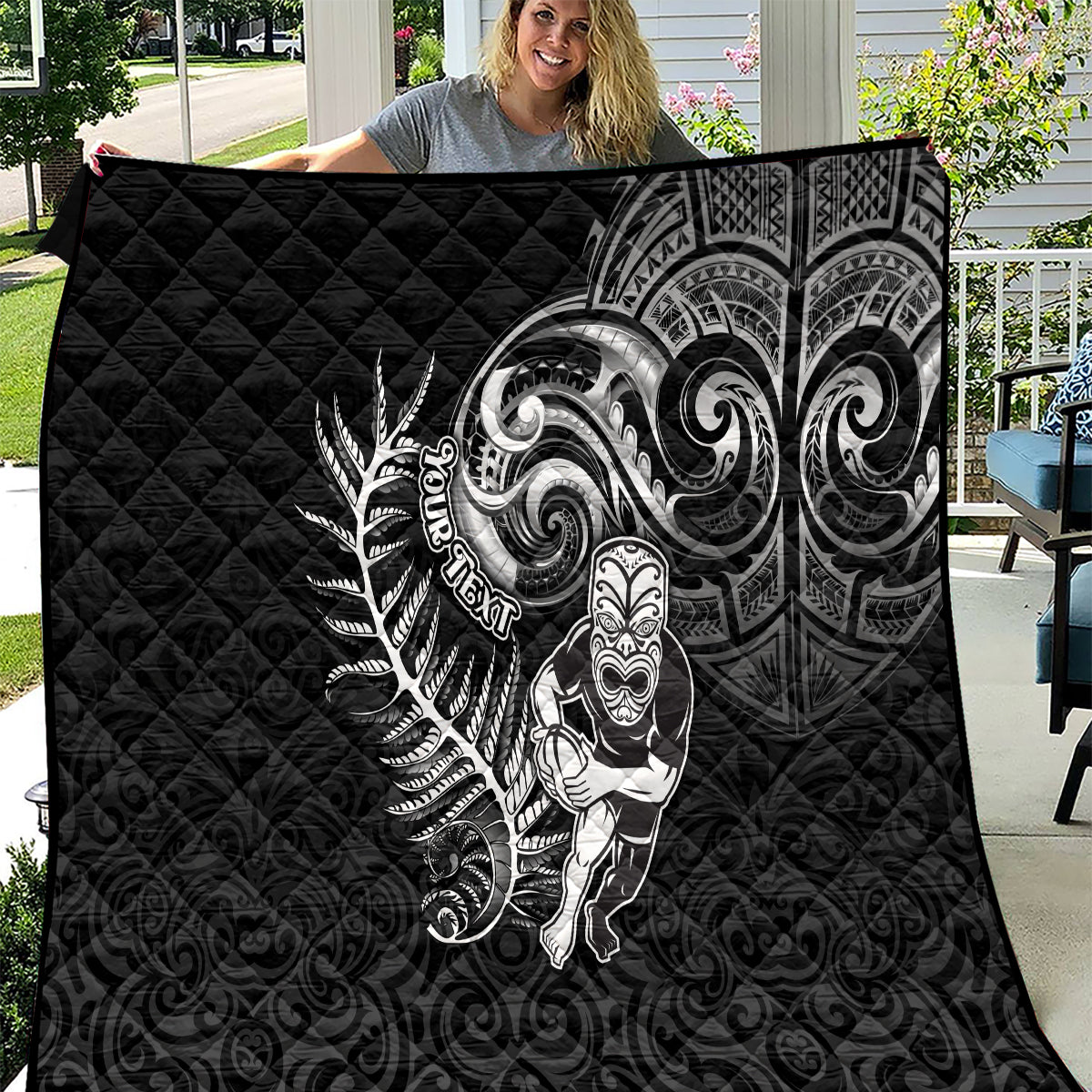 Personalised New Zealand Rugby Quilt Maori Warrior Rugby with Silver Fern Sleeve Tribal Ethnic Style LT03 Black - Polynesian Pride