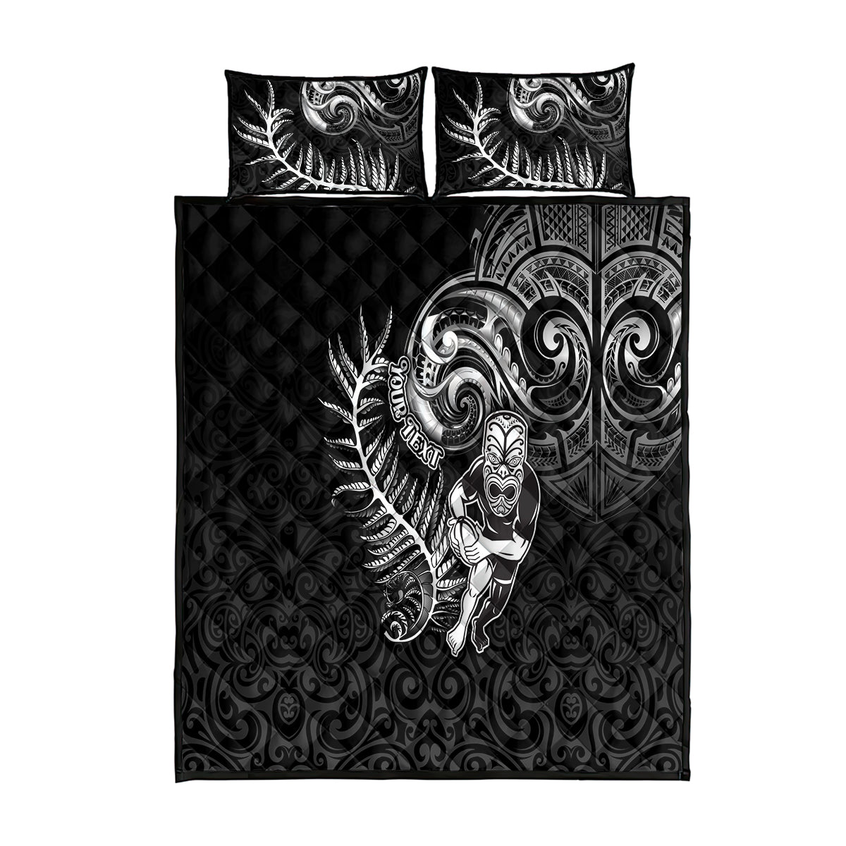 Personalised New Zealand Rugby Quilt Bed Set Maori Warrior Rugby with Silver Fern Sleeve Tribal Ethnic Style LT03 Black - Polynesian Pride