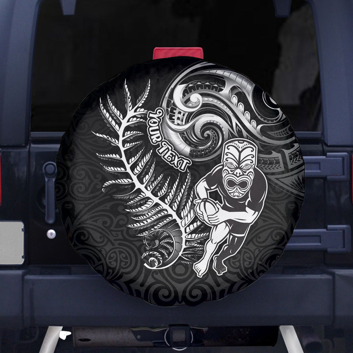 Personalised New Zealand Rugby Spare Tire Cover Maori Warrior Rugby with Silver Fern Sleeve Tribal Ethnic Style LT03 Black - Polynesian Pride