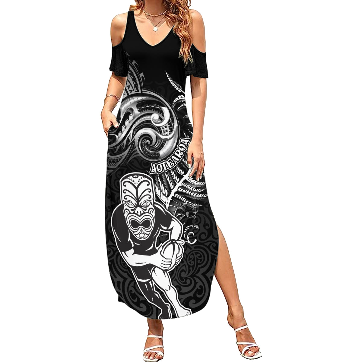 Personalised New Zealand Rugby Summer Maxi Dress Maori Warrior Rugby with Silver Fern Sleeve Tribal Ethnic Style LT03 Women Black - Polynesian Pride