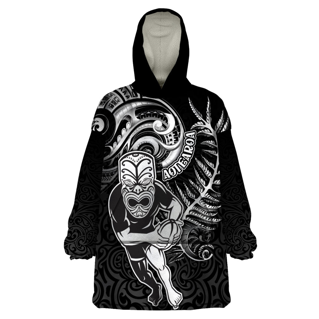 Personalised New Zealand Rugby Wearable Blanket Hoodie Maori Warrior Rugby with Silver Fern Sleeve Tribal Ethnic Style LT03 One Size Black - Polynesian Pride