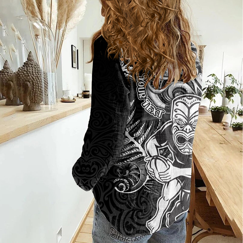 Personalised New Zealand Rugby Women Casual Shirt Maori Warrior Rugby with Silver Fern Sleeve Tribal Ethnic Style LT03 - Polynesian Pride