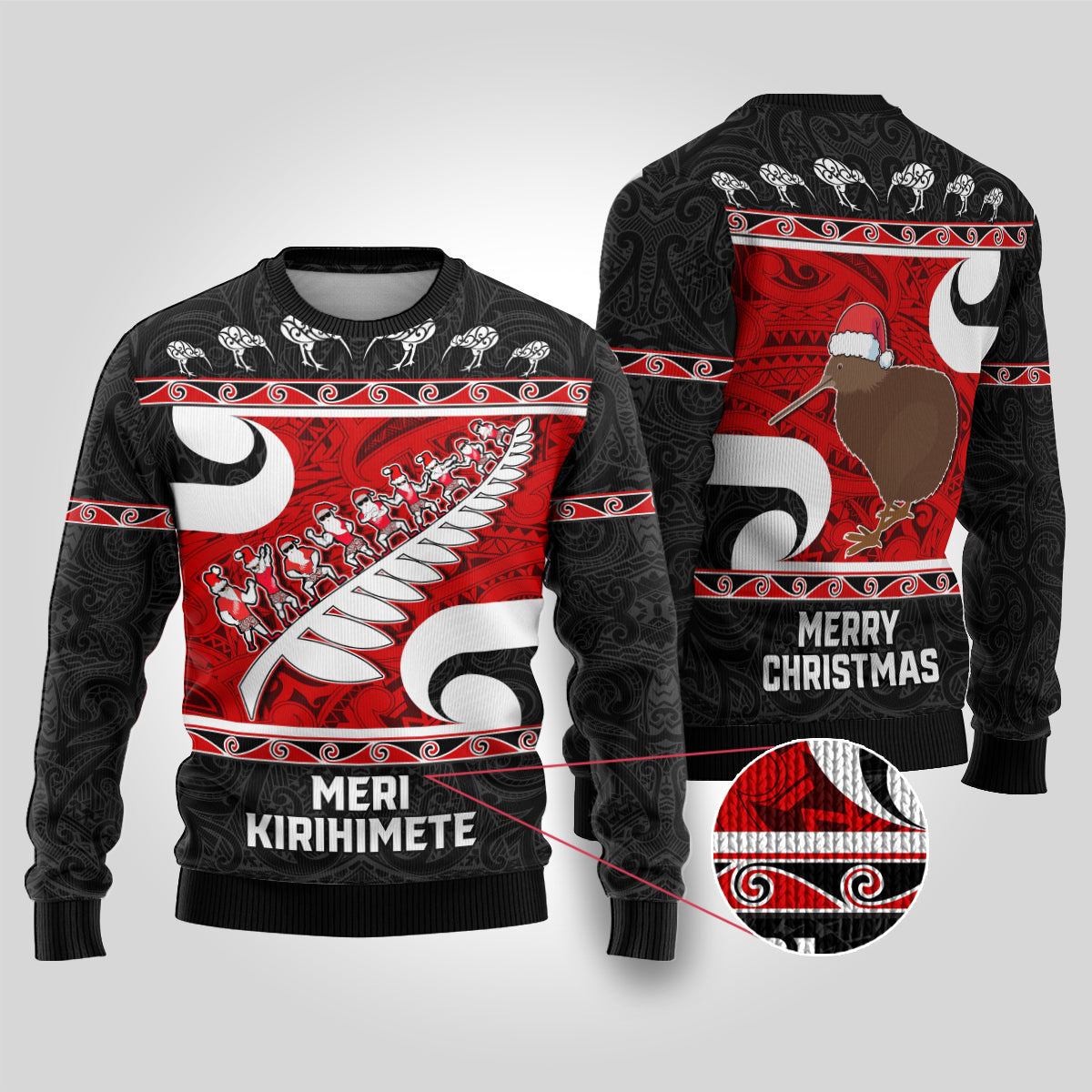 New Zealand Christmas Ugly Christmas Sweater Santa Haka Fern and Kiwi Bird Tino Rangatiratanga Maori Flag Style LT03 Black - Polynesian Pride