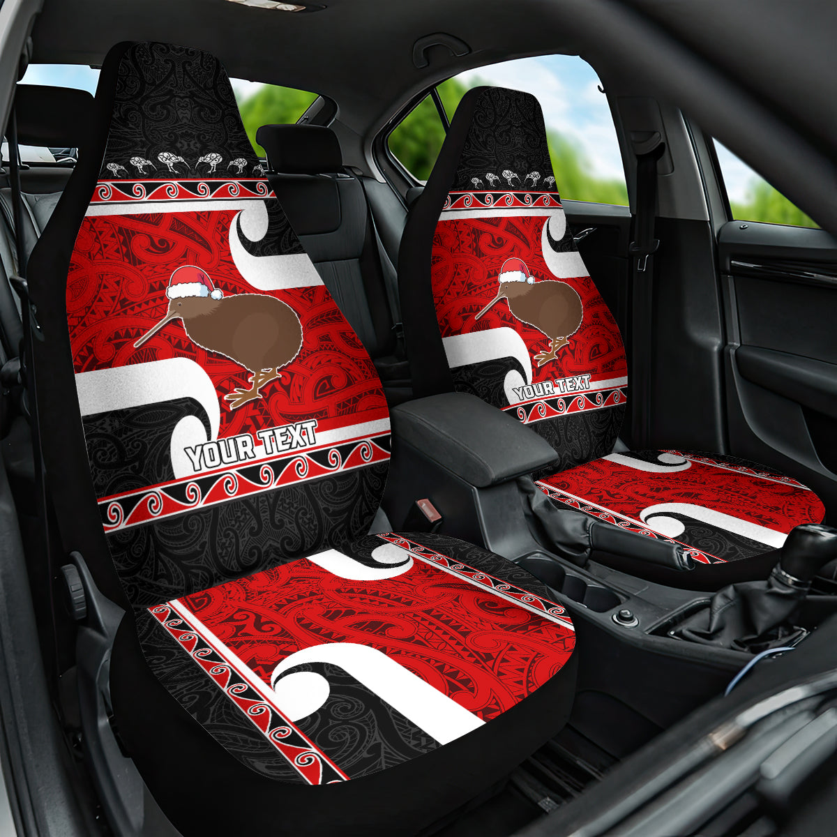 Personalized New Zealand Christmas Car Seat Cover Santa Haka Fern and Kiwi Bird Tino Rangatiratanga Maori Flag Style LT03 One Size Black - Polynesian Pride