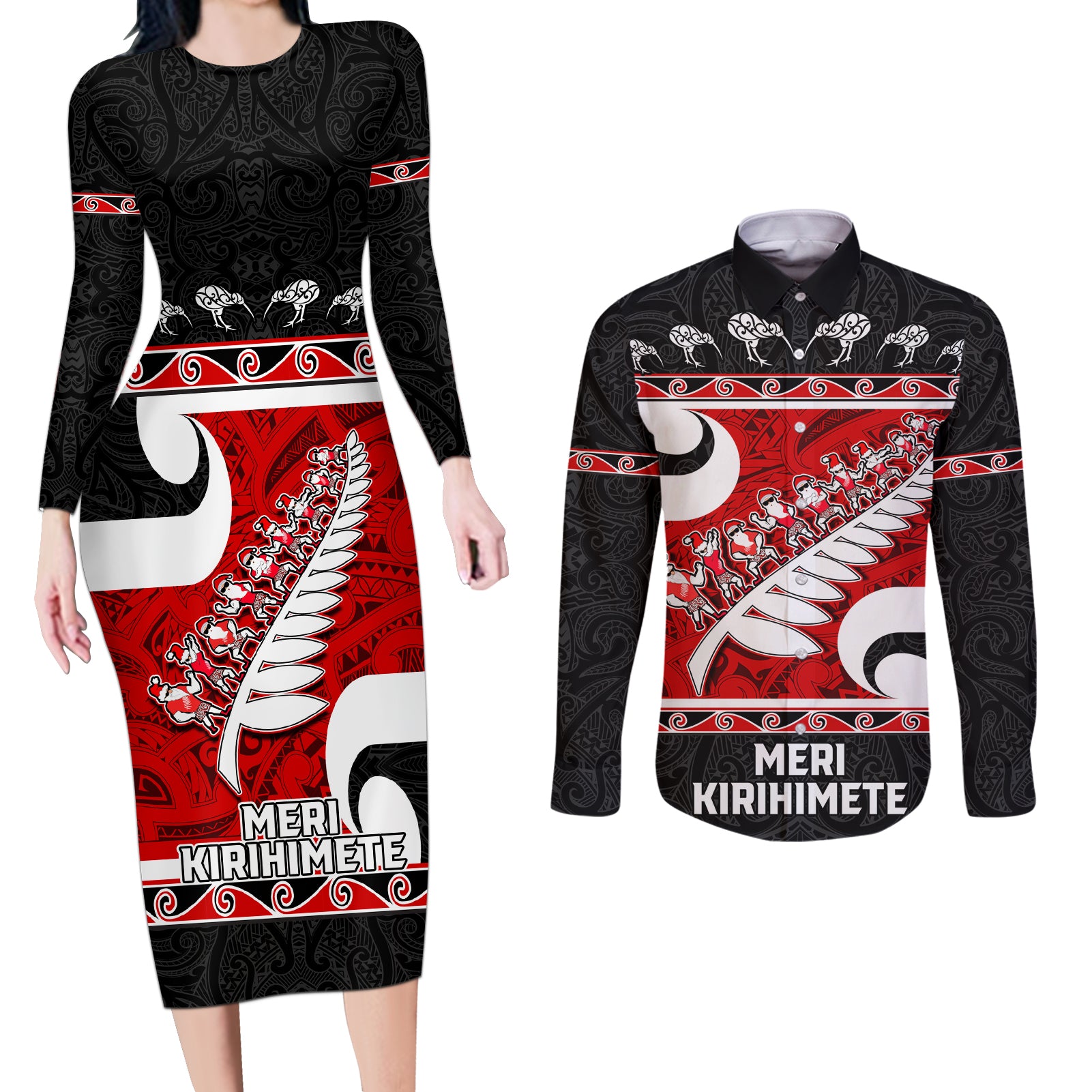 Personalized New Zealand Christmas Couples Matching Long Sleeve Bodycon Dress and Long Sleeve Button Shirt Santa Haka Fern and Kiwi Bird Tino Rangatiratanga Maori Flag Style LT03 Black - Polynesian Pride