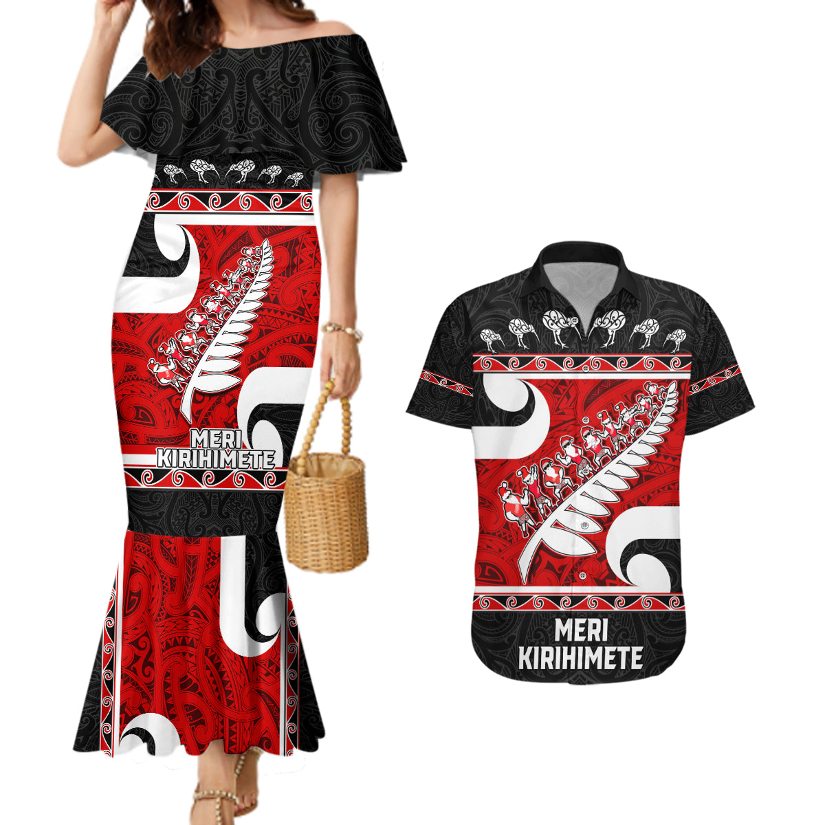 Personalized New Zealand Christmas Couples Matching Mermaid Dress and Hawaiian Shirt Santa Haka Fern and Kiwi Bird Tino Rangatiratanga Maori Flag Style LT03 Black - Polynesian Pride