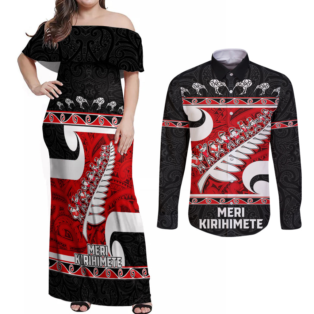 Personalized New Zealand Christmas Couples Matching Off Shoulder Maxi Dress and Long Sleeve Button Shirt Santa Haka Fern and Kiwi Bird Tino Rangatiratanga Maori Flag Style LT03 Black - Polynesian Pride