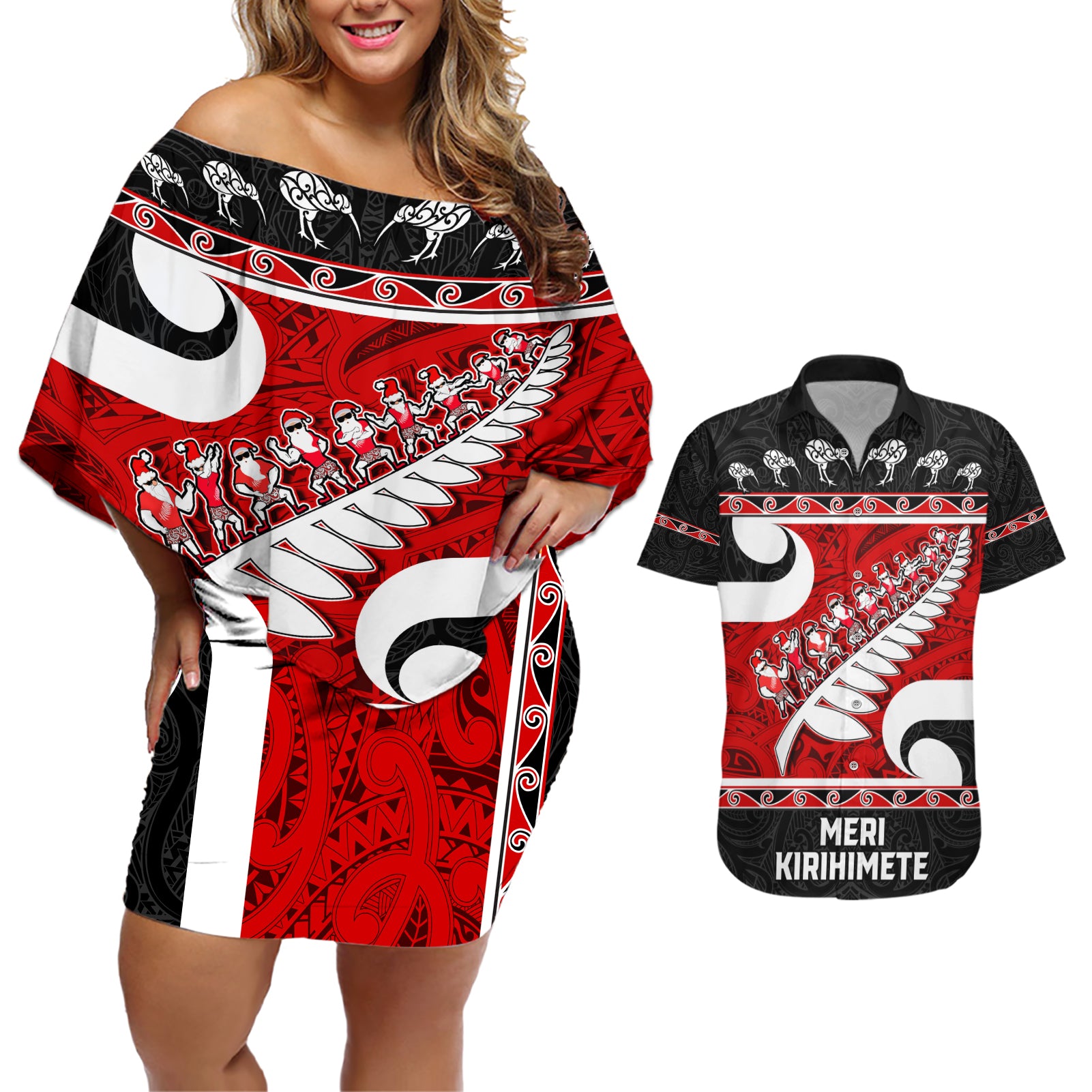 Personalized New Zealand Christmas Couples Matching Off Shoulder Short Dress and Hawaiian Shirt Santa Haka Fern and Kiwi Bird Tino Rangatiratanga Maori Flag Style LT03 Black - Polynesian Pride