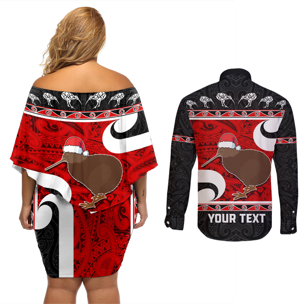Personalized New Zealand Christmas Couples Matching Off Shoulder Short Dress and Long Sleeve Button Shirt Santa Haka Fern and Kiwi Bird Tino Rangatiratanga Maori Flag Style LT03 - Polynesian Pride