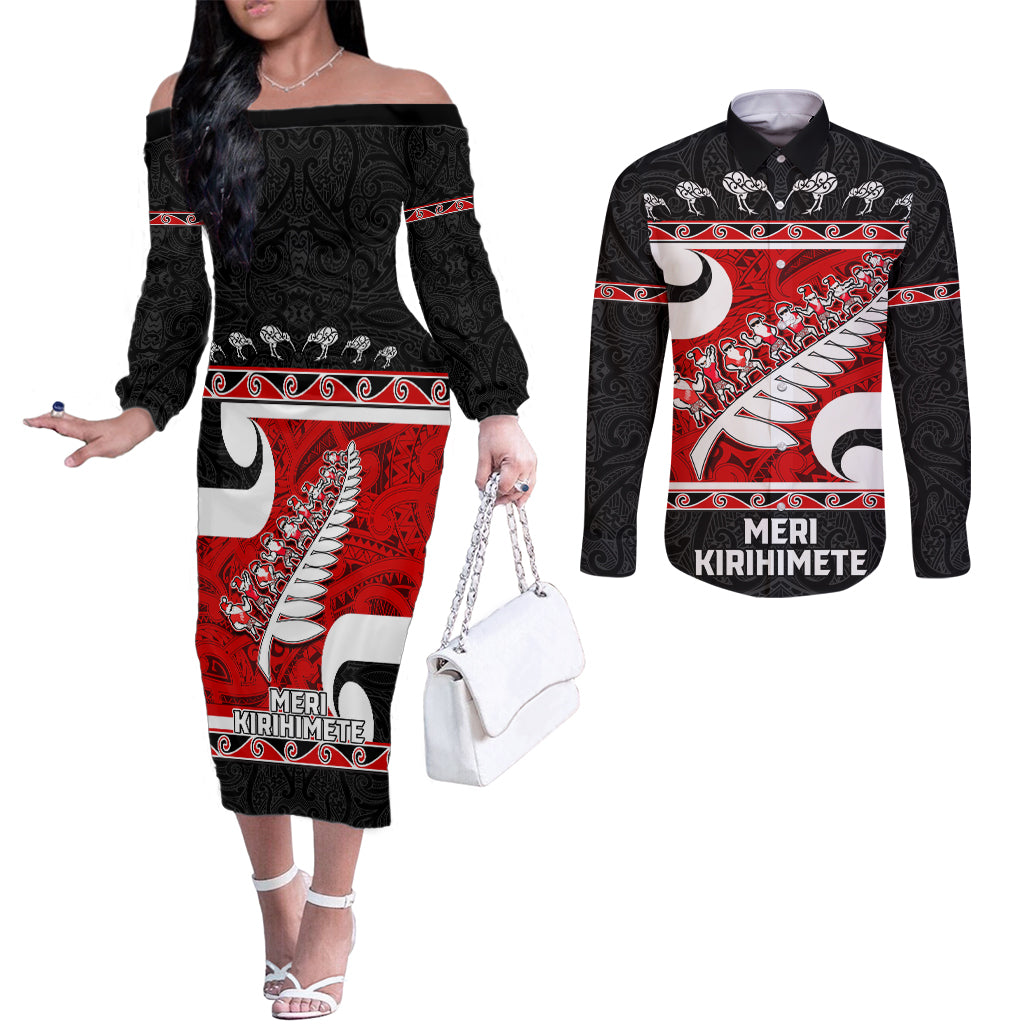 Personalized New Zealand Christmas Couples Matching Off The Shoulder Long Sleeve Dress and Long Sleeve Button Shirt Santa Haka Fern and Kiwi Bird Tino Rangatiratanga Maori Flag Style LT03 Black - Polynesian Pride