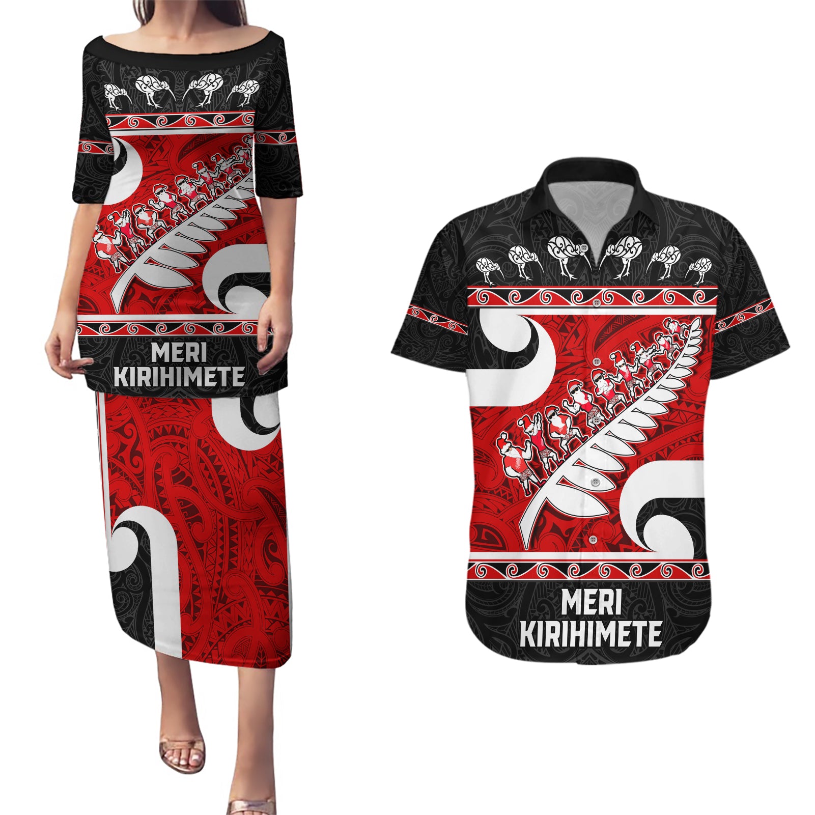 Personalized New Zealand Christmas Couples Matching Puletasi Dress and Hawaiian Shirt Santa Haka Fern and Kiwi Bird Tino Rangatiratanga Maori Flag Style LT03 Black - Polynesian Pride