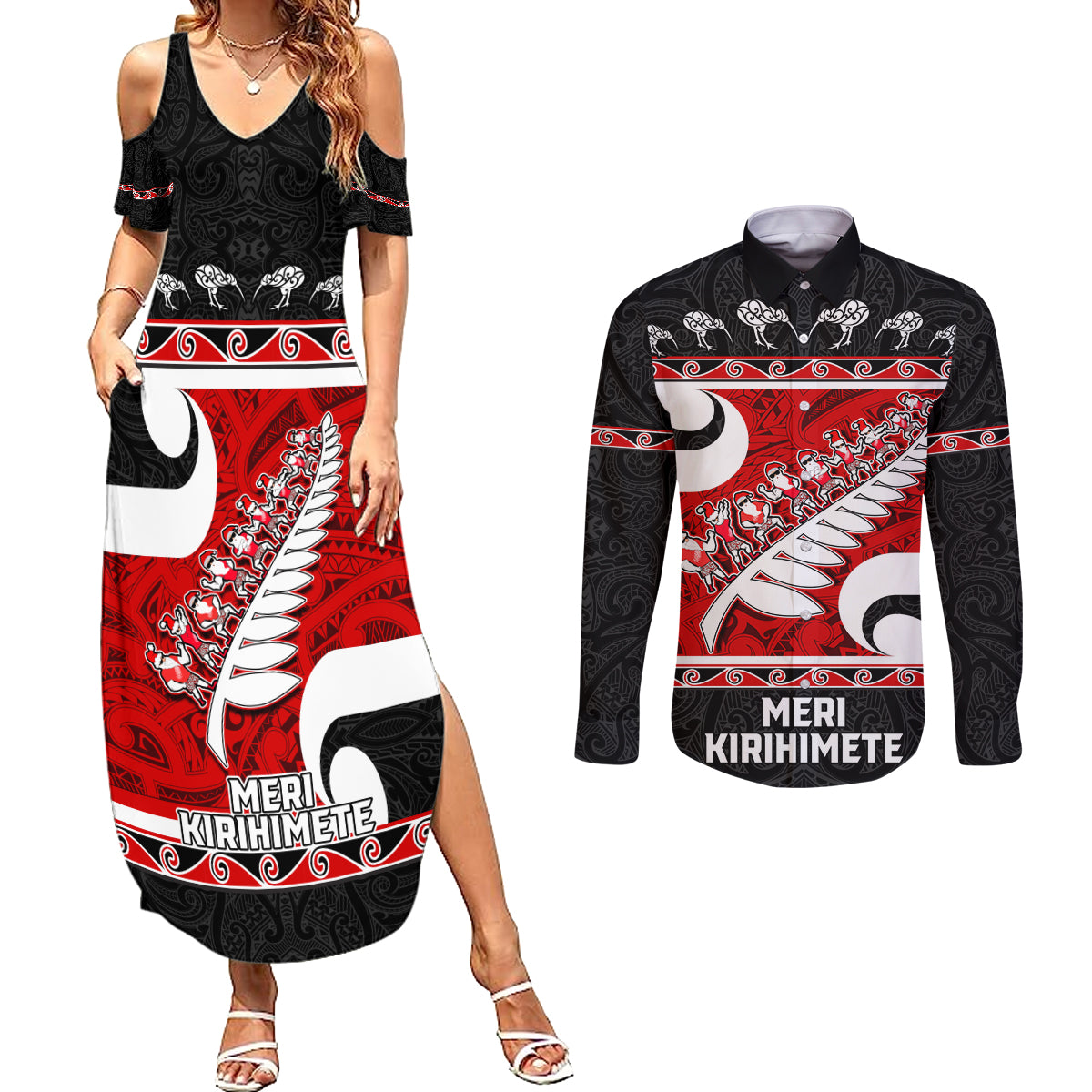 Personalized New Zealand Christmas Couples Matching Summer Maxi Dress and Long Sleeve Button Shirt Santa Haka Fern and Kiwi Bird Tino Rangatiratanga Maori Flag Style LT03 Black - Polynesian Pride