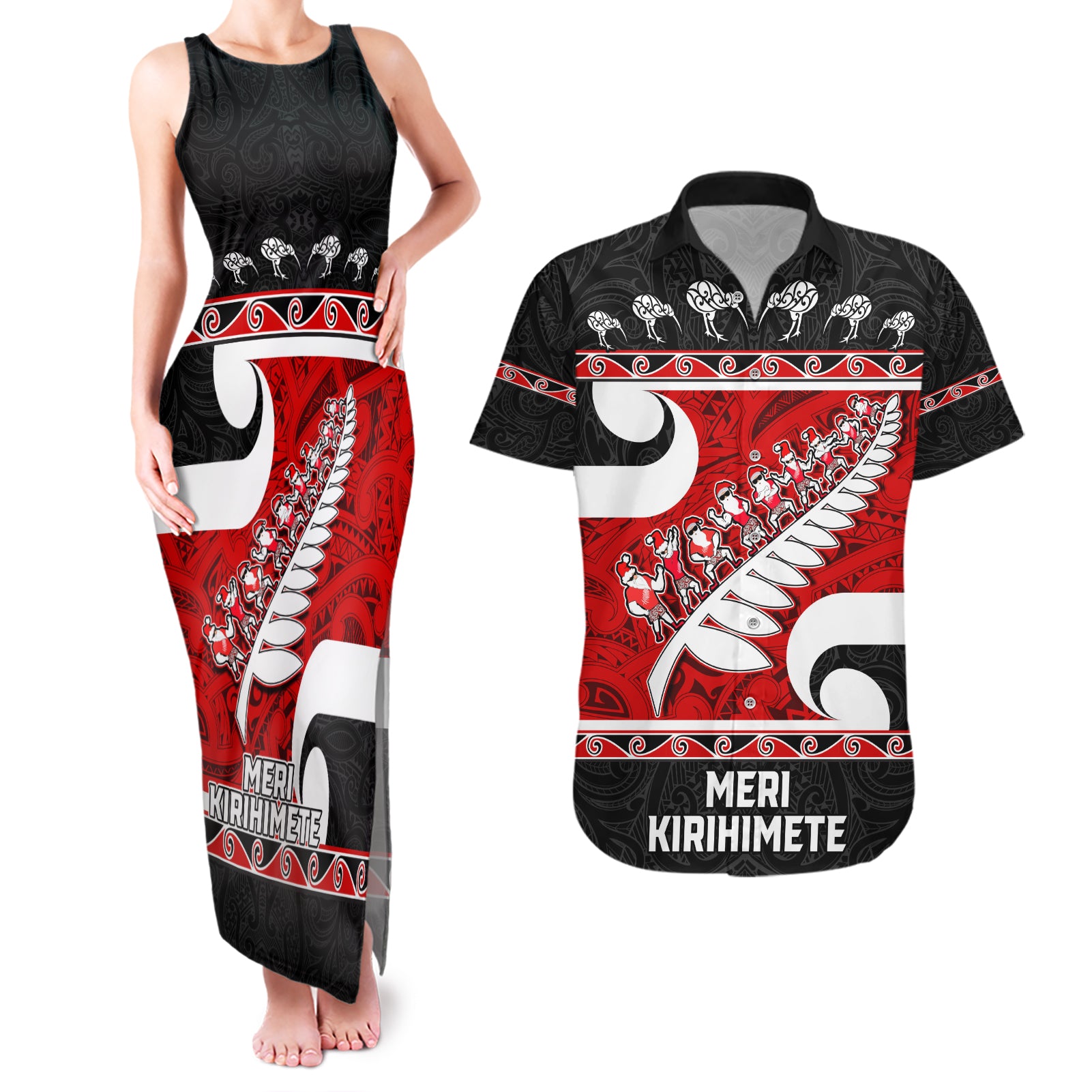 Personalized New Zealand Christmas Couples Matching Tank Maxi Dress and Hawaiian Shirt Santa Haka Fern and Kiwi Bird Tino Rangatiratanga Maori Flag Style LT03 Black - Polynesian Pride