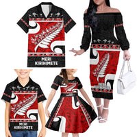 Personalized New Zealand Christmas Family Matching Off Shoulder Long Sleeve Dress and Hawaiian Shirt Santa Haka Fern and Kiwi Bird Tino Rangatiratanga Maori Flag Style LT03 - Polynesian Pride