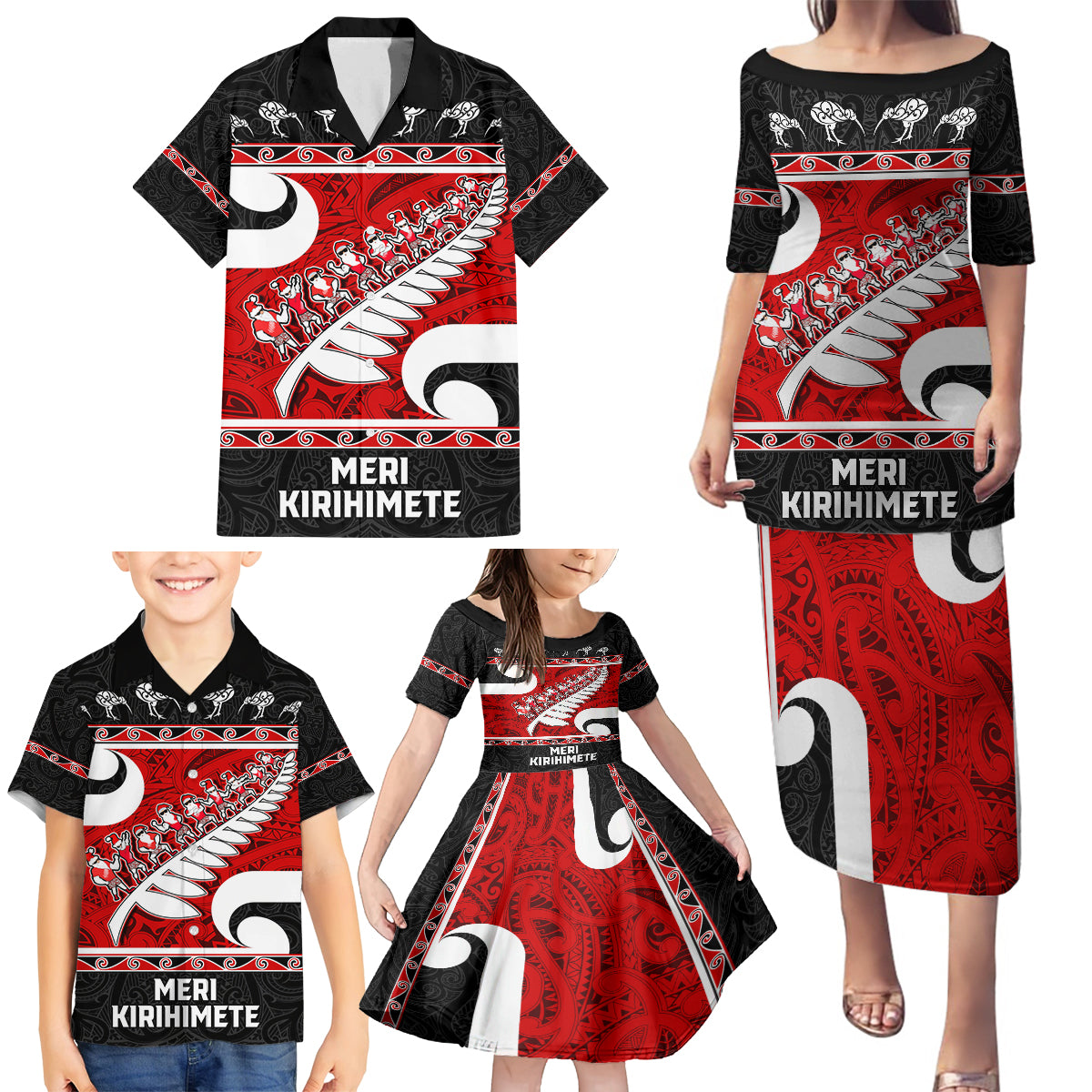 Personalized New Zealand Christmas Family Matching Puletasi Dress and Hawaiian Shirt Santa Haka Fern and Kiwi Bird Tino Rangatiratanga Maori Flag Style LT03 - Polynesian Pride