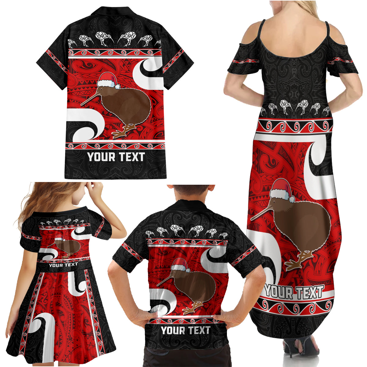 Personalized New Zealand Christmas Family Matching Summer Maxi Dress and Hawaiian Shirt Santa Haka Fern and Kiwi Bird Tino Rangatiratanga Maori Flag Style LT03 - Polynesian Pride