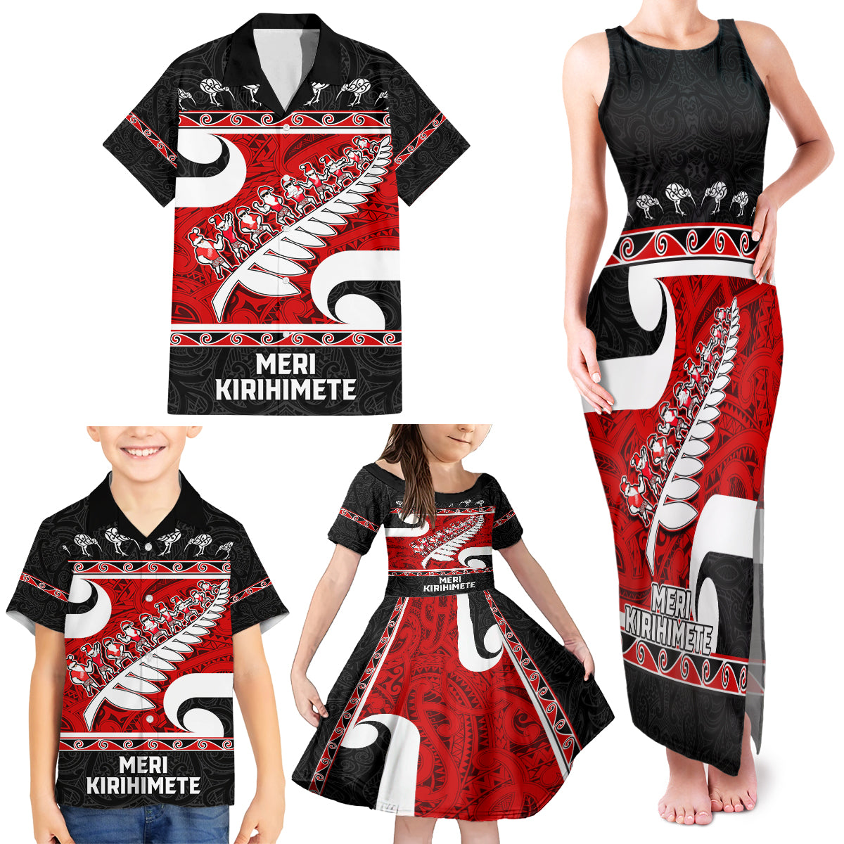 Personalized New Zealand Christmas Family Matching Tank Maxi Dress and Hawaiian Shirt Santa Haka Fern and Kiwi Bird Tino Rangatiratanga Maori Flag Style LT03 - Polynesian Pride