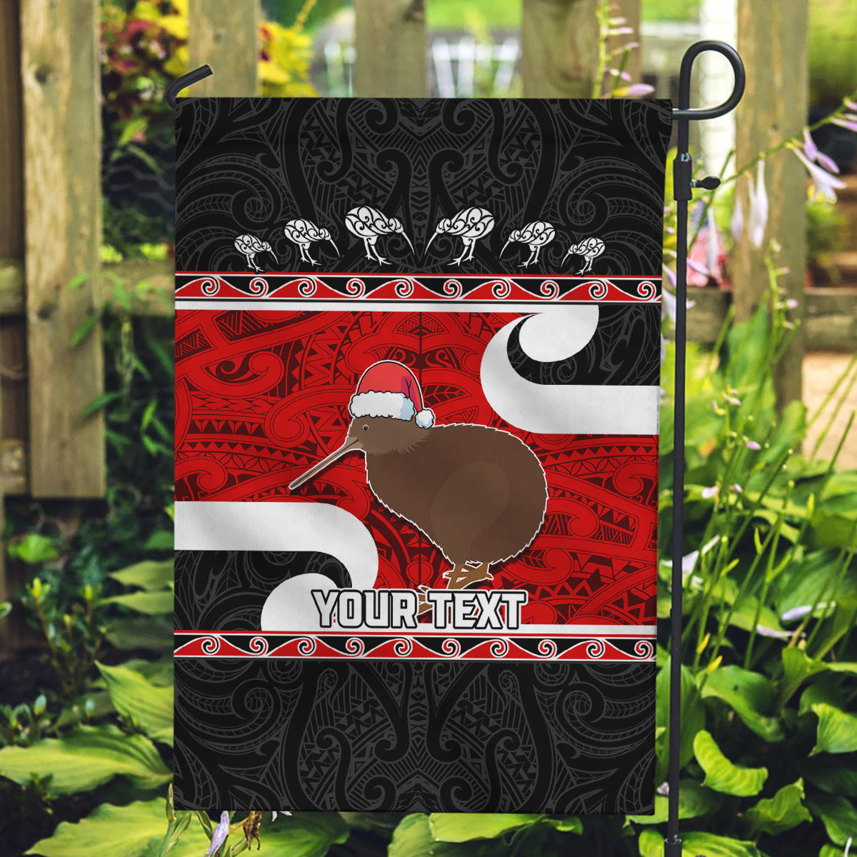 Personalized New Zealand Christmas Garden Flag Santa Haka Fern and Kiwi Bird Tino Rangatiratanga Maori Flag Style LT03 Garden Flag Black - Polynesian Pride