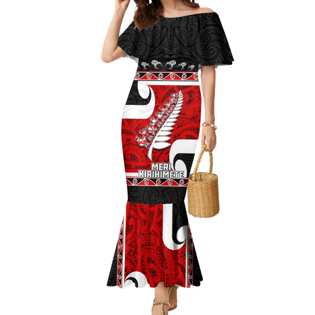 Personalized New Zealand Christmas Mermaid Dress Santa Haka Fern and Kiwi Bird Tino Rangatiratanga Maori Flag Style LT03 Women Black - Polynesian Pride