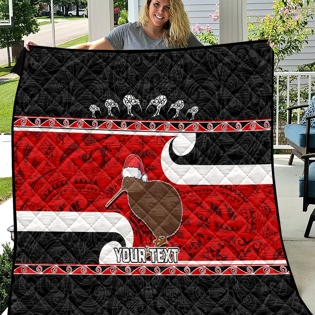 Personalized New Zealand Christmas Quilt Santa Haka Fern and Kiwi Bird Tino Rangatiratanga Maori Flag Style LT03 Black - Polynesian Pride