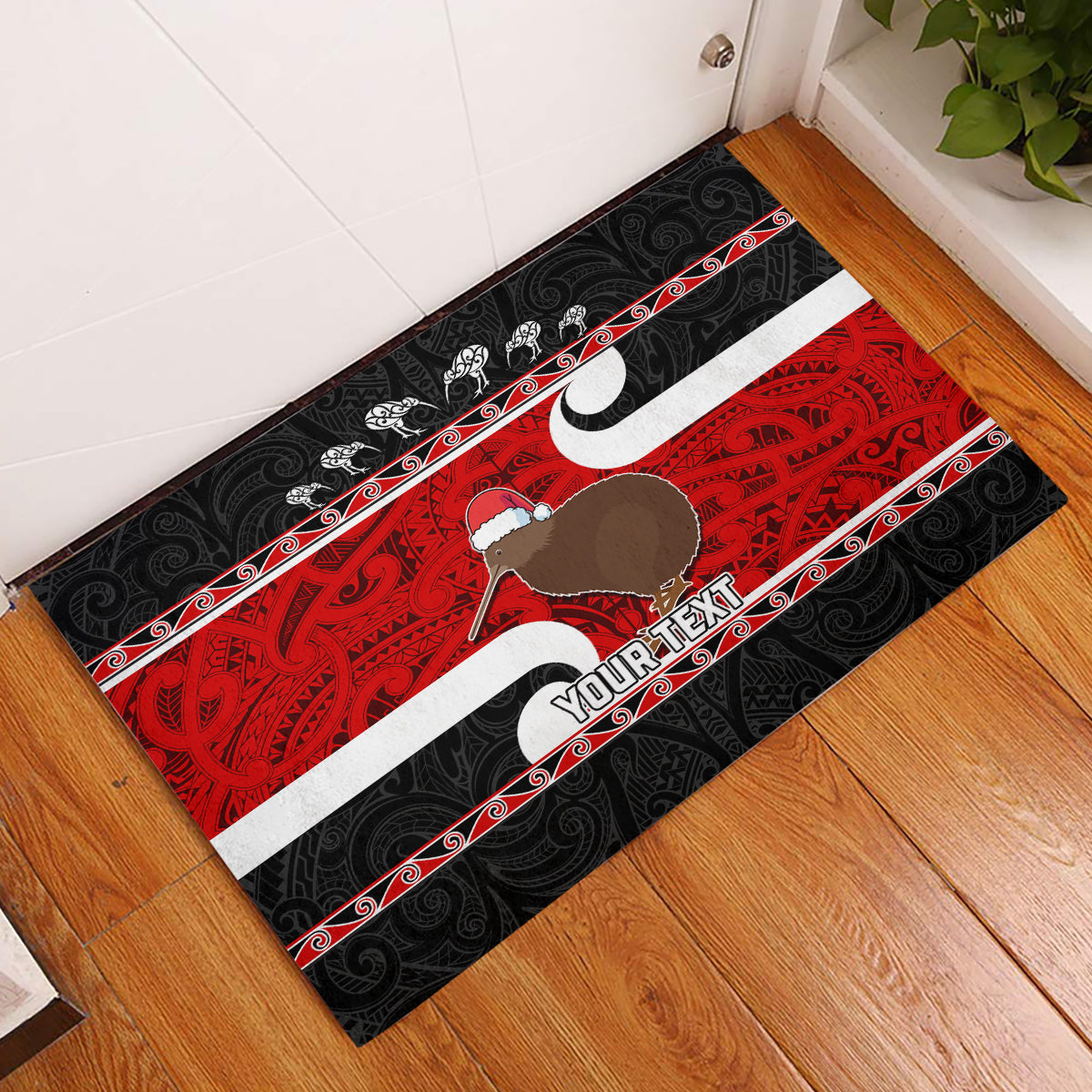 Personalized New Zealand Christmas Rubber Doormat Santa Haka Fern and Kiwi Bird Tino Rangatiratanga Maori Flag Style LT03 Black - Polynesian Pride