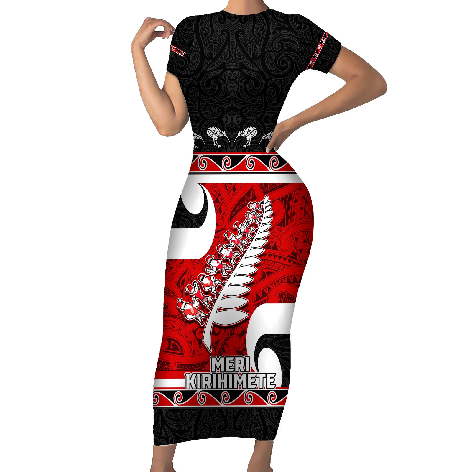 Personalized New Zealand Christmas Short Sleeve Bodycon Dress Santa Haka Fern and Kiwi Bird Tino Rangatiratanga Maori Flag Style LT03 Long Dress Black - Polynesian Pride