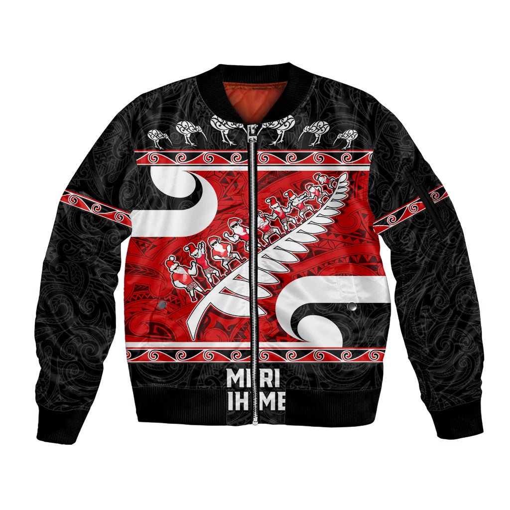 Personalized New Zealand Christmas Sleeve Zip Bomber Jacket Santa Haka Fern and Kiwi Bird Tino Rangatiratanga Maori Flag Style LT03 Unisex Black - Polynesian Pride