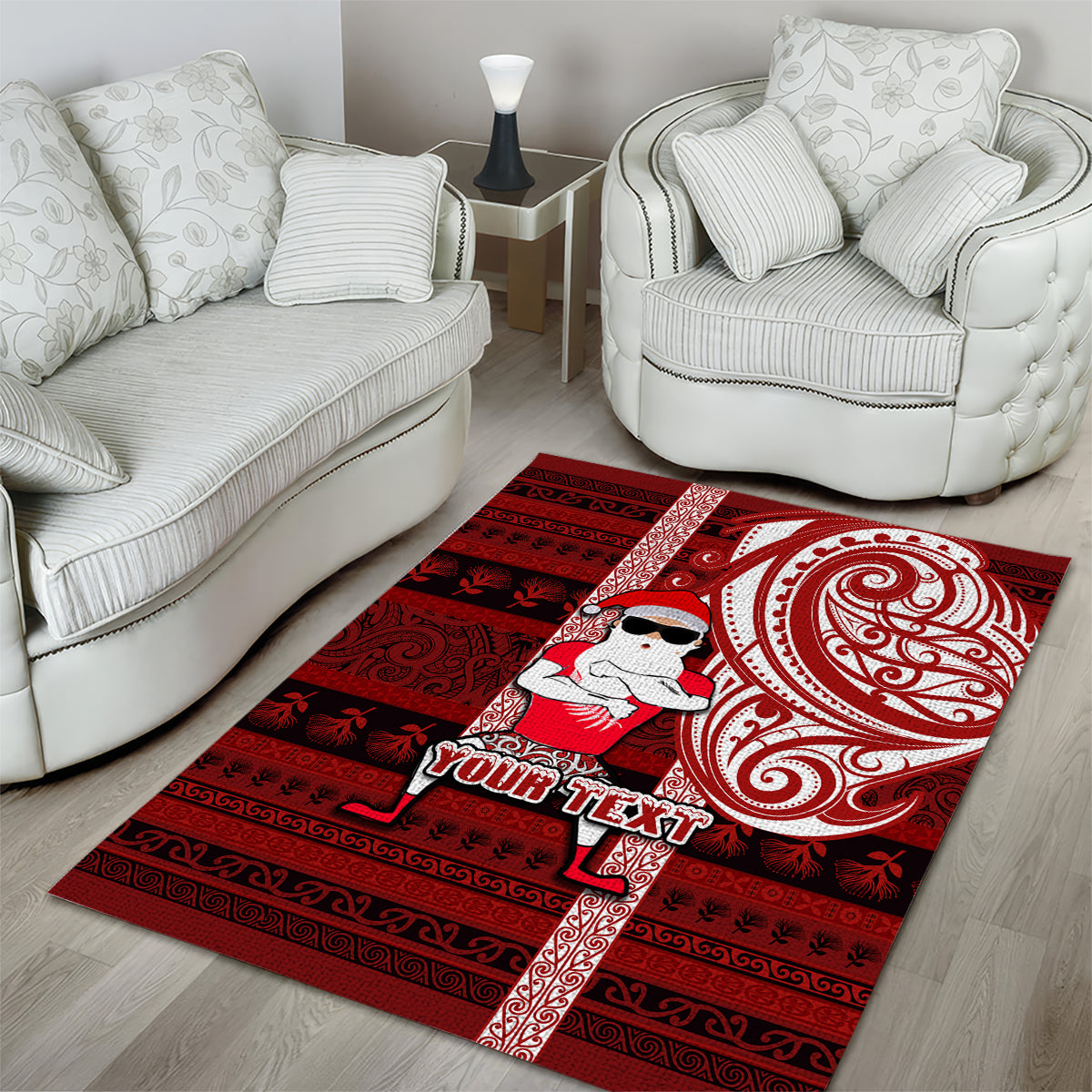 Personalized New Zealand Christmas Area Rug Santa Claus and Kiwi Bird Maori Tattoo Koru Pattern LT03 - Polynesian Pride