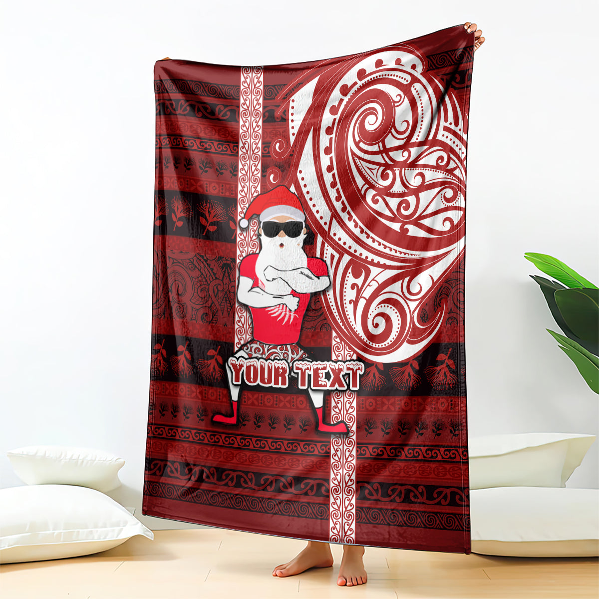 Personalized New Zealand Christmas Blanket Santa Claus and Kiwi Bird Maori Tattoo Koru Pattern LT03 Red - Polynesian Pride