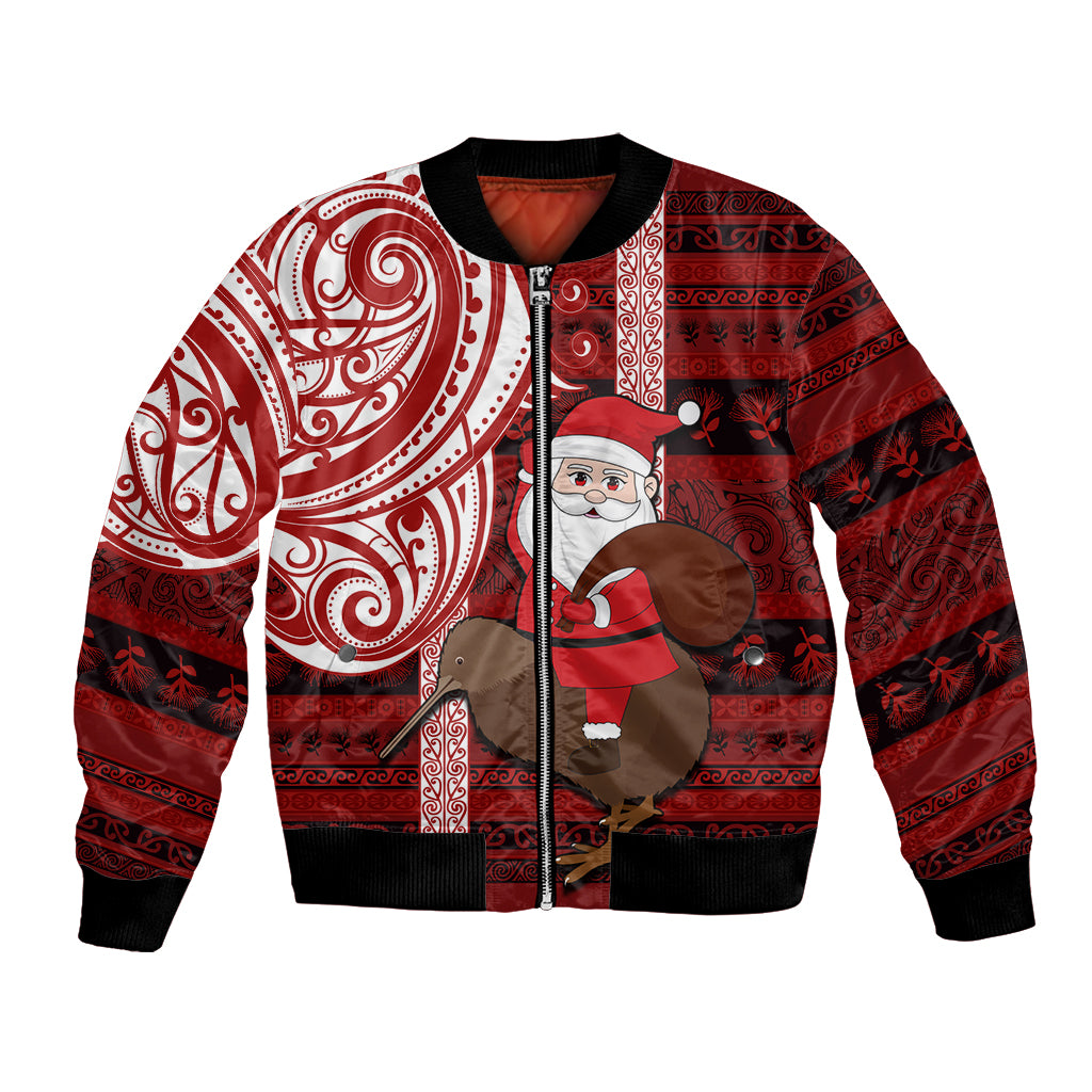 Personalized New Zealand Christmas Bomber Jacket Santa Claus and Kiwi Bird Maori Tattoo Koru Pattern LT03 Unisex Red - Polynesian Pride